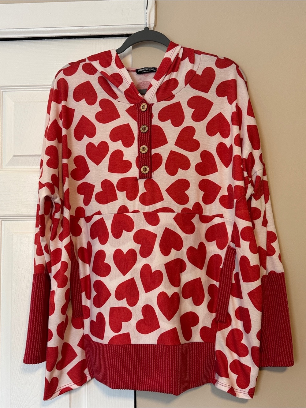 HEIMISH USA Red and White Heart-Print Hooded Pullover